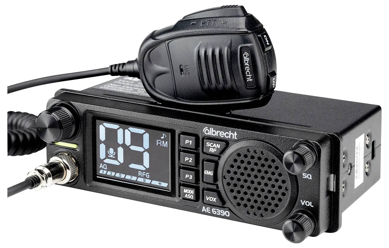 A black Albrecht AE 6390 two-way radio with a digital display, various buttons, and a microphone attached, used for communication.