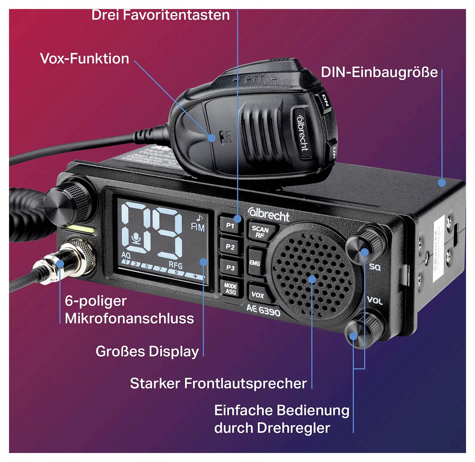 Radio Device Feature Overview: Three Favourite Buttons, Voice-Activated Function, 6-Pin Microphone Socket, Large Display, Powerful Front Speaker, Simple Operation.