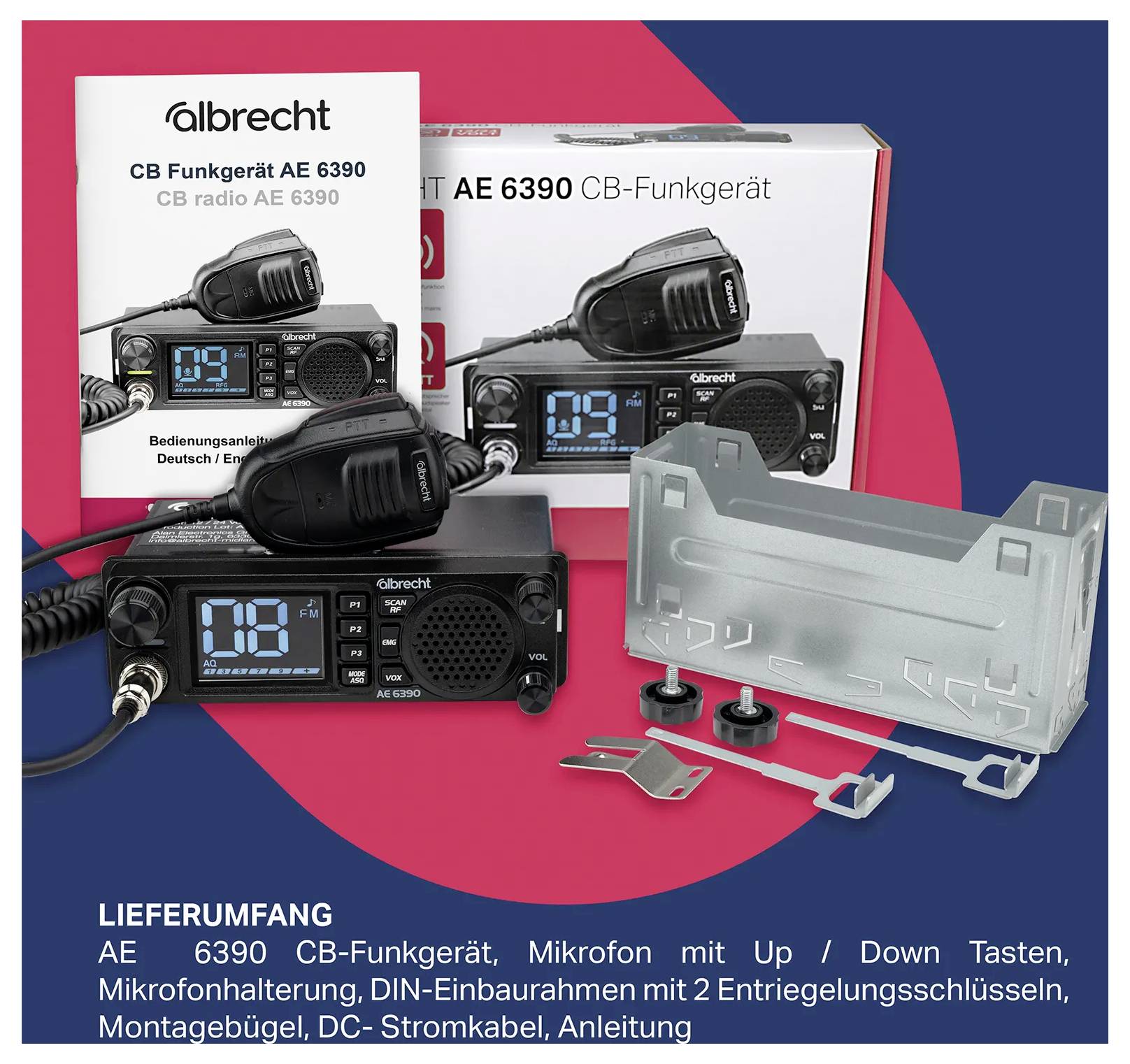 CB Radio Device Albrecht AE 6390 with microphone, mounting bracket, installation frame, power cable and instructions. Packaging and accessories are pictured.