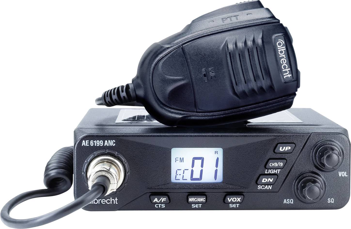 A portable two-way radio with a handheld microphone placed on top, featuring a digital display showing 'FM 01' and control buttons.