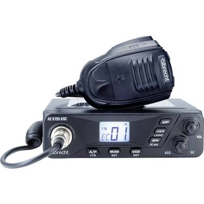 A portable two-way radio with a handheld microphone placed on top, featuring a digital display showing 'FM 01' and control buttons.