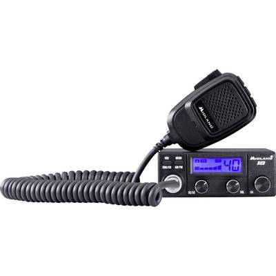 A black Midland CB radio with microphone, featuring a digital screen displaying '40', volume and channel controls, and a coiled cable.