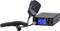 A black Midland CB radio with a handheld microphone, featuring a blue digital display showing channel frequency and control buttons.