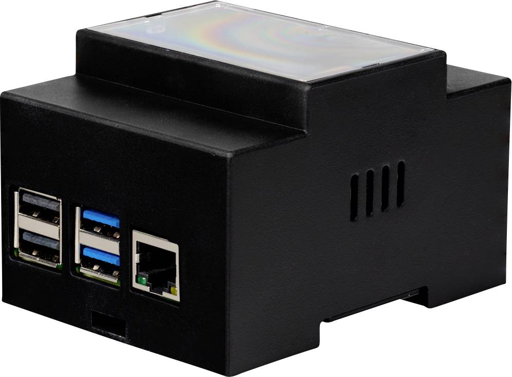 A small black rectangular electronic device with multiple USB ports and an Ethernet port on one side, likely used for computing purposes.