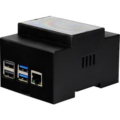 A small black rectangular electronic device with multiple USB ports and an Ethernet port on one side, likely used for computing purposes.