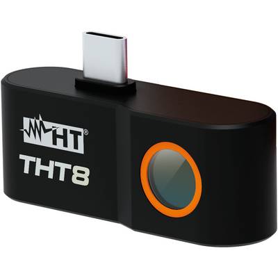A black and orange USB-C device labeled 'THT8' with a sensor lens, used for measuring or detecting purposes.