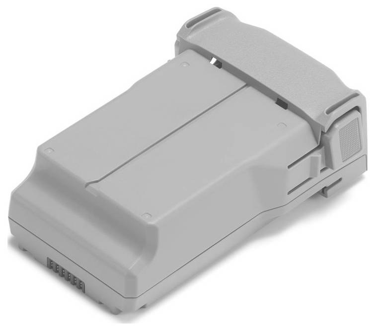 A gray rectangular drone battery with connectors on one side and a clasp mechanism for secure attachment to the device.