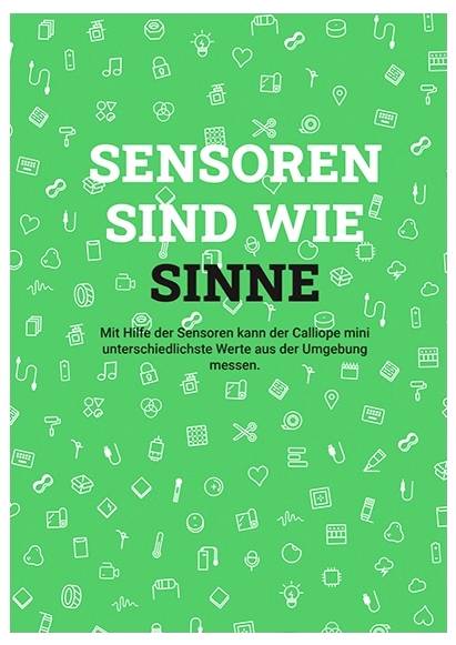 White text on green background reads 'Sensoren sind wie Sinne'. Icons like headphones and magnifying glass decorate the background.