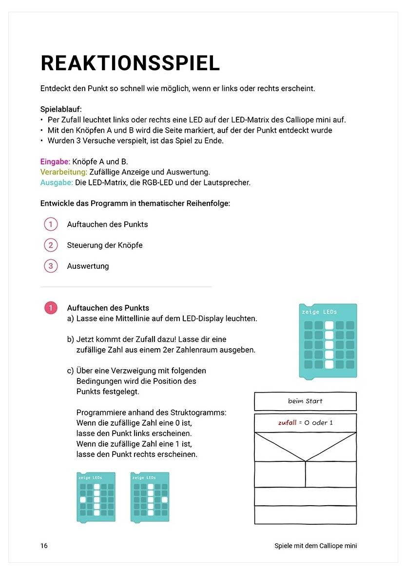 'Reaktionsspiel' instruction page outlines a reflex game using LED indicators, buttons, and a microcontroller for visual prompts and scoring.