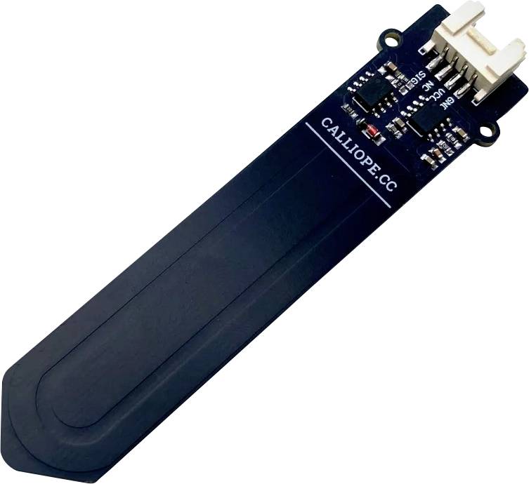 A black soil moisture sensor with electronic components and connectors, labeled 'Calliope.cc', used for detecting soil dampness levels.