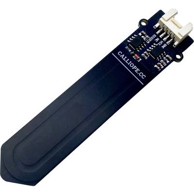 A black soil moisture sensor with electronic components and connectors, labeled 'Calliope.cc', used for detecting soil dampness levels.