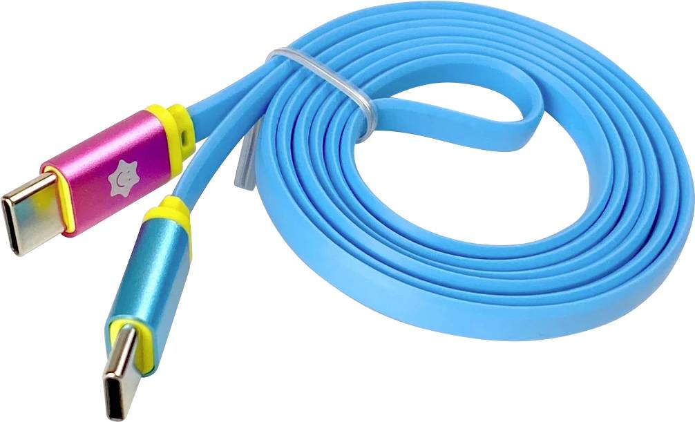 A coiled blue USB-C cable with vibrant pink and green connectors, featuring a star symbol on one end, resting against a white background.