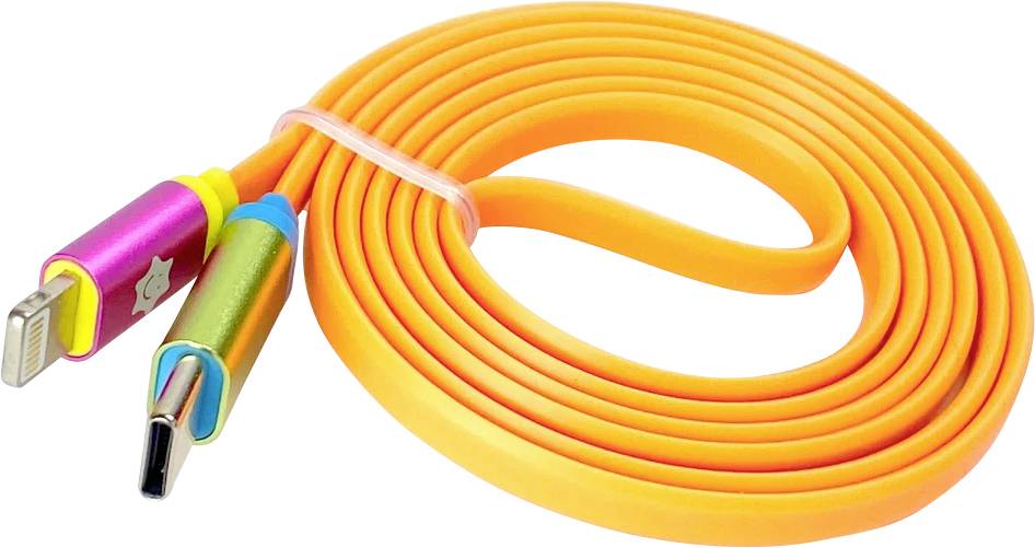 A vibrant orange charging cable with a multi-colored design on the connectors, including USB and Lightning connectors, coiled neatly.