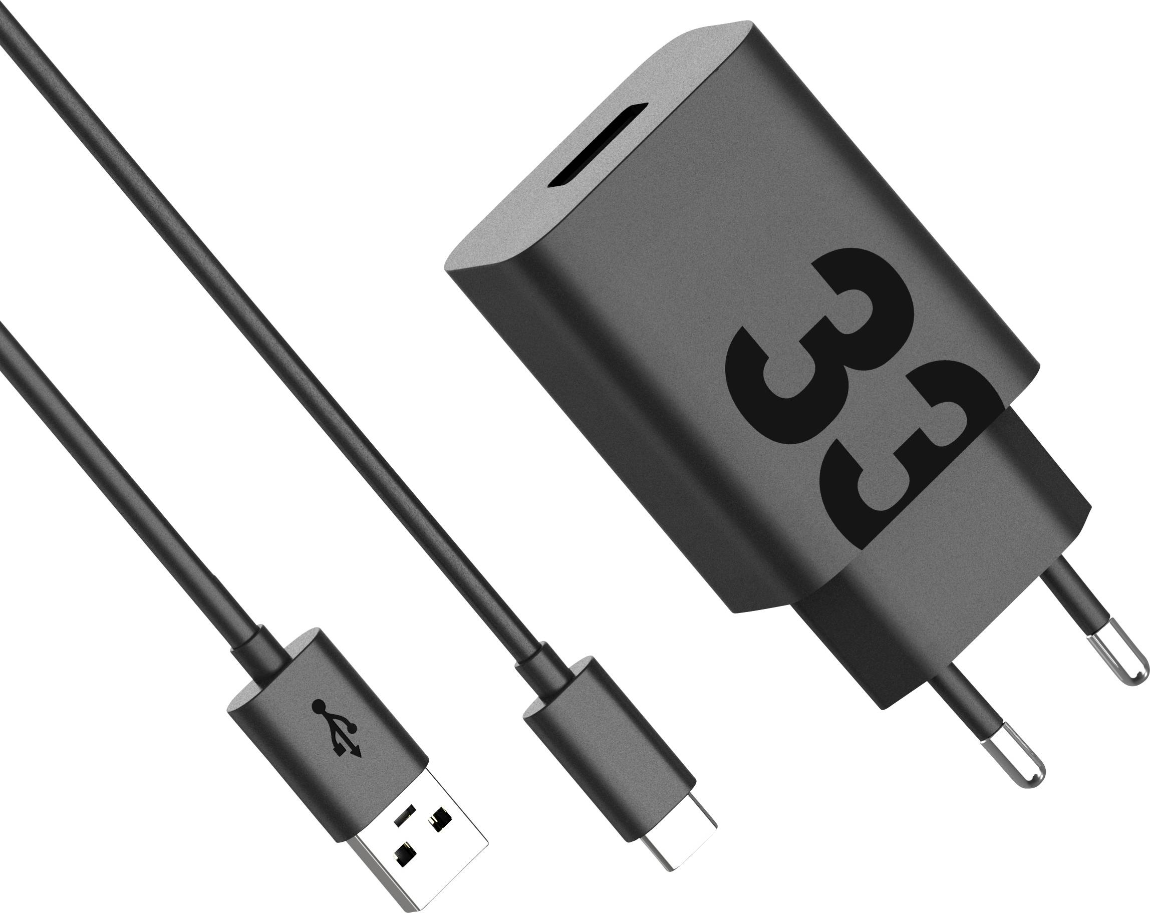 A black USB-C charger with a USB Type-A to USB-C cable. The charger is labeled '33' and designed for European power outlets.