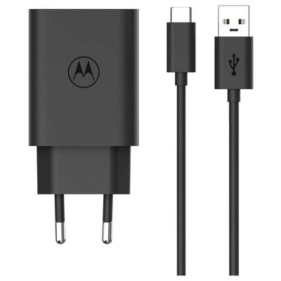 Black Motorola charger with USB-C and USB-A connectors, designed for wall outlet use.