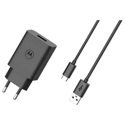 A black wall charger with a European plug and two USB cables, showing USB-C and USB-A connectors.