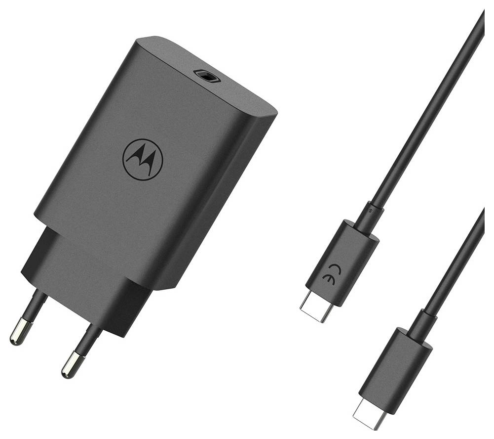 A black power adapter with USB-C connectors on each end of the cable, designed for charging electronic devices.