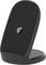 A black, upright wireless charger with a sleek, minimalistic design. The Motorola logo is centered on the charger.