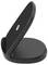 'Black and sleek phone stand with a curved, upright design featuring a logo in the center.'