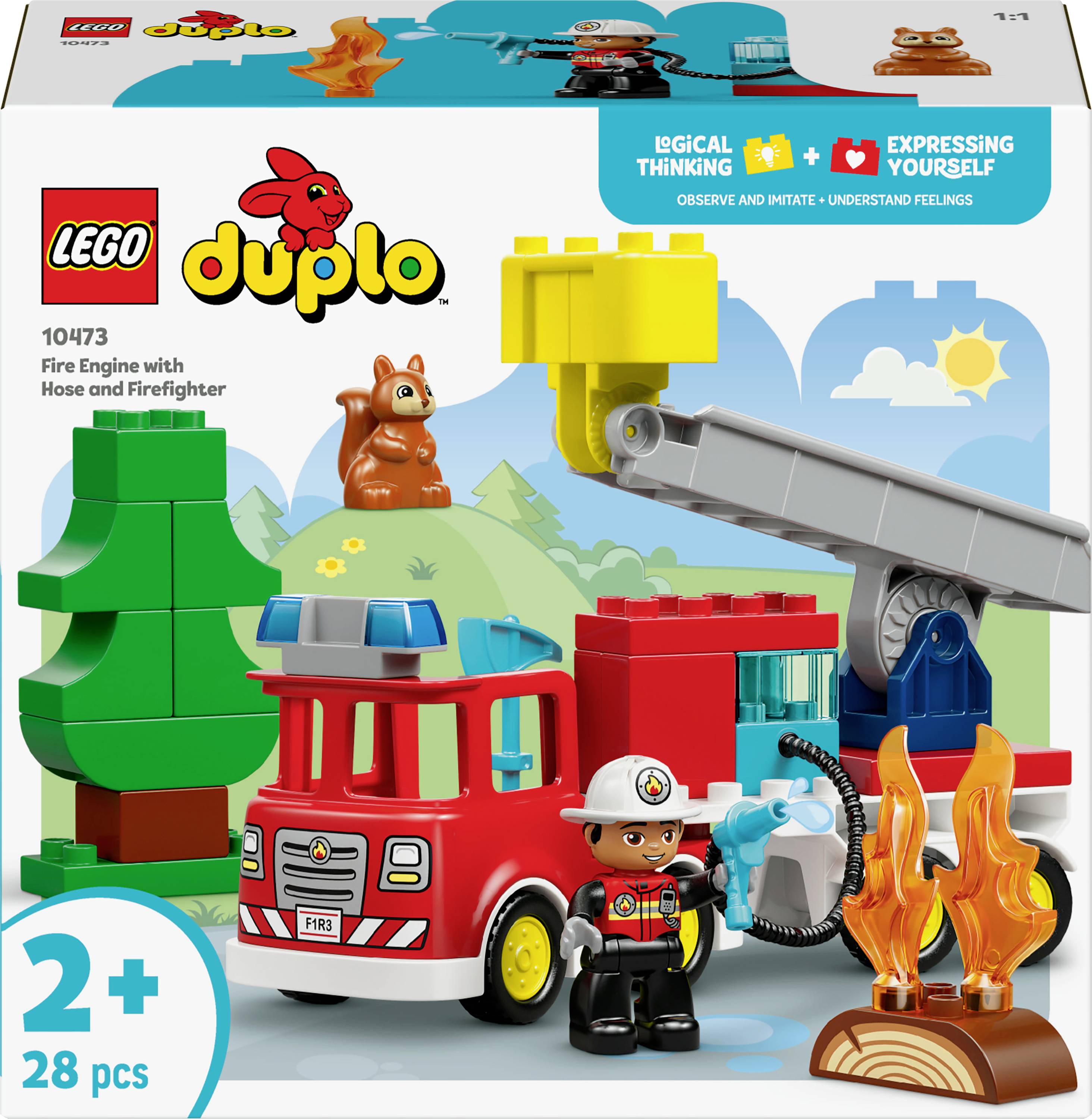 Lego Duplo fire engine set with firefighter figure, trees, and flames. Promotes logical thinking and self-expression for ages 2+.