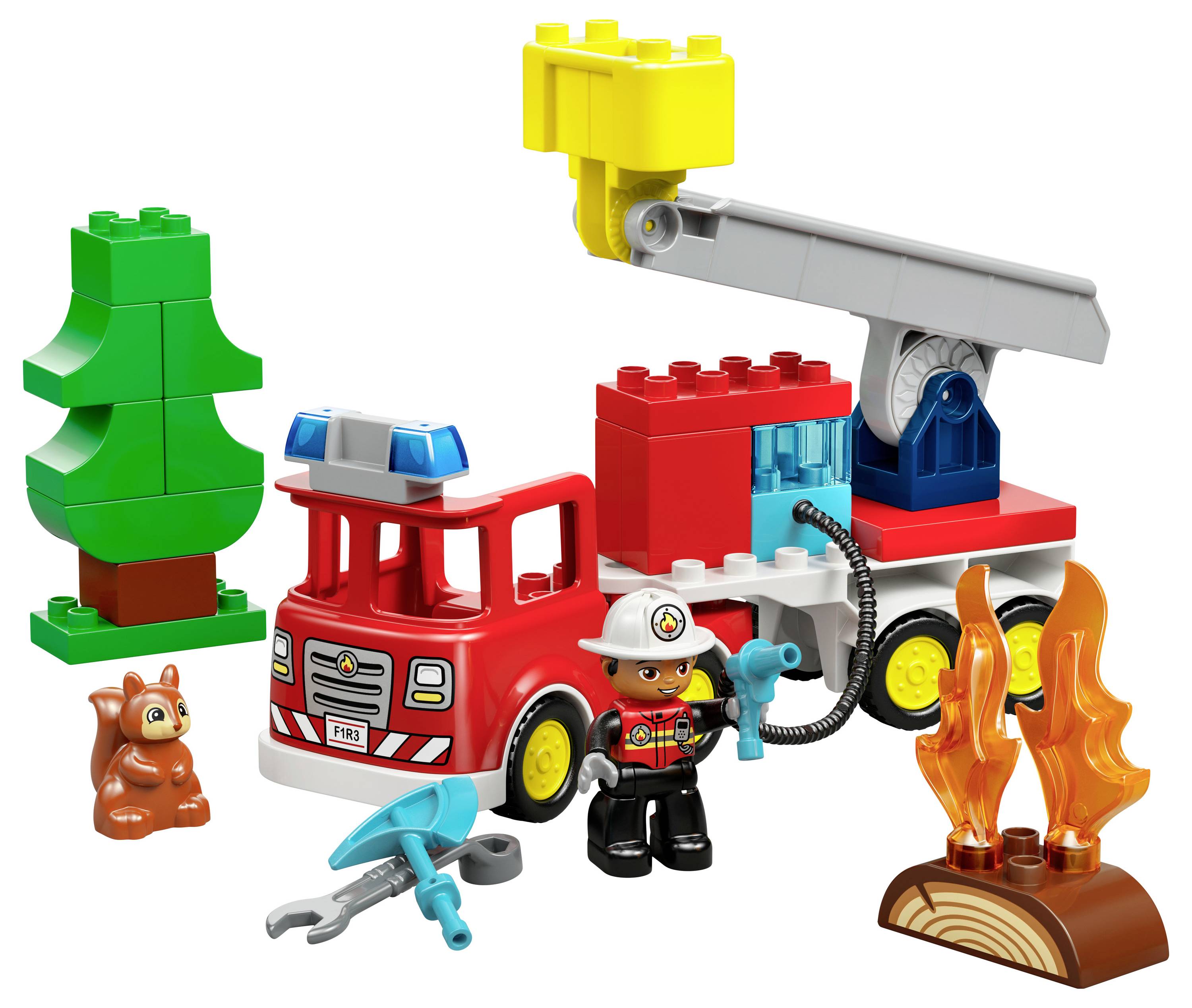 Toy fire truck set with a firefighter figure, small tree, squirrel, water hose, and fire details; child's playset imaginative scene.