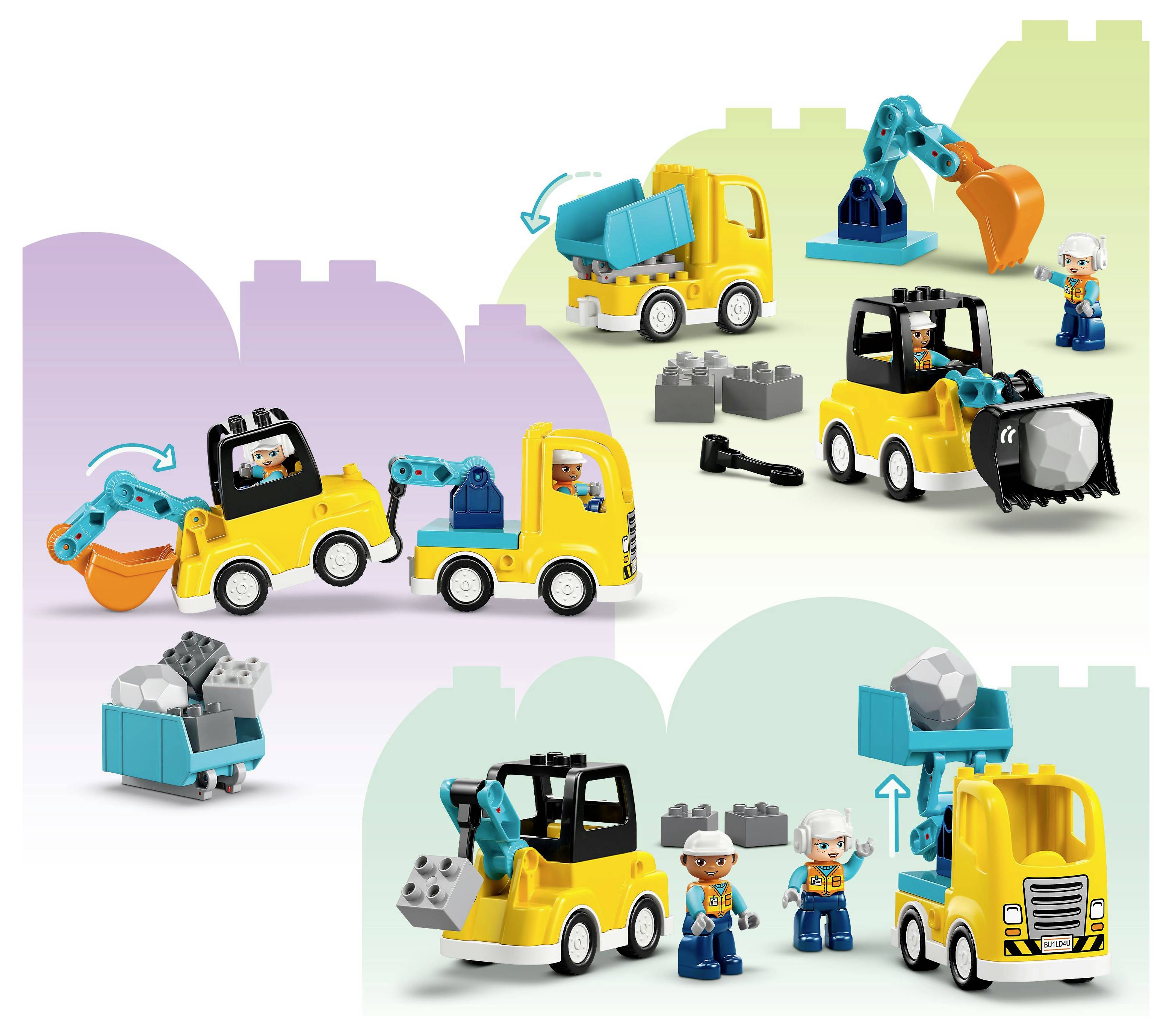 Toy construction vehicles with small figures operate. A dump truck, excavator, and loader interact with building blocks and tools.