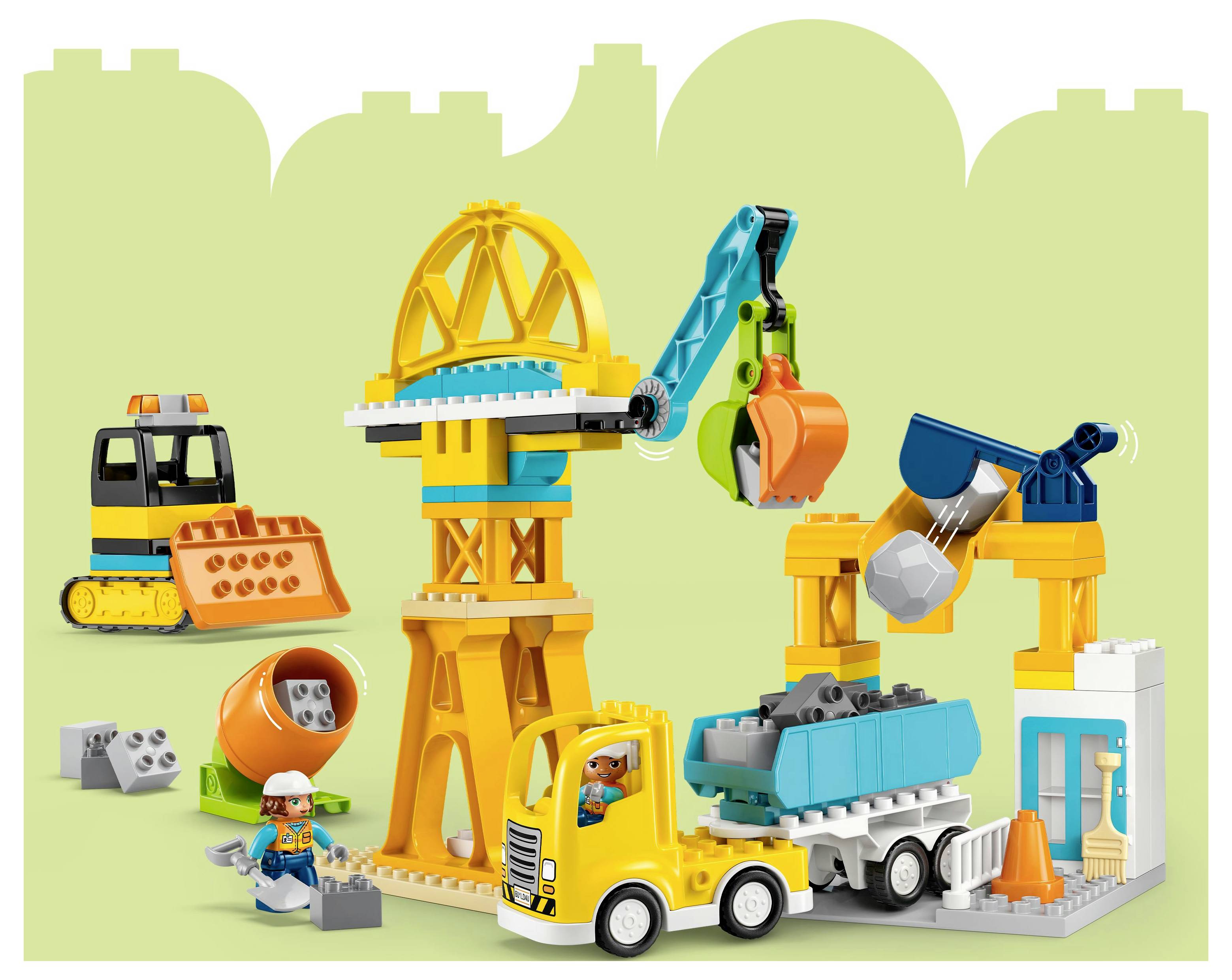 A colorful toy construction set featuring a yellow crane, blue truck, and cement mixer with a figure wearing a white hard hat.
