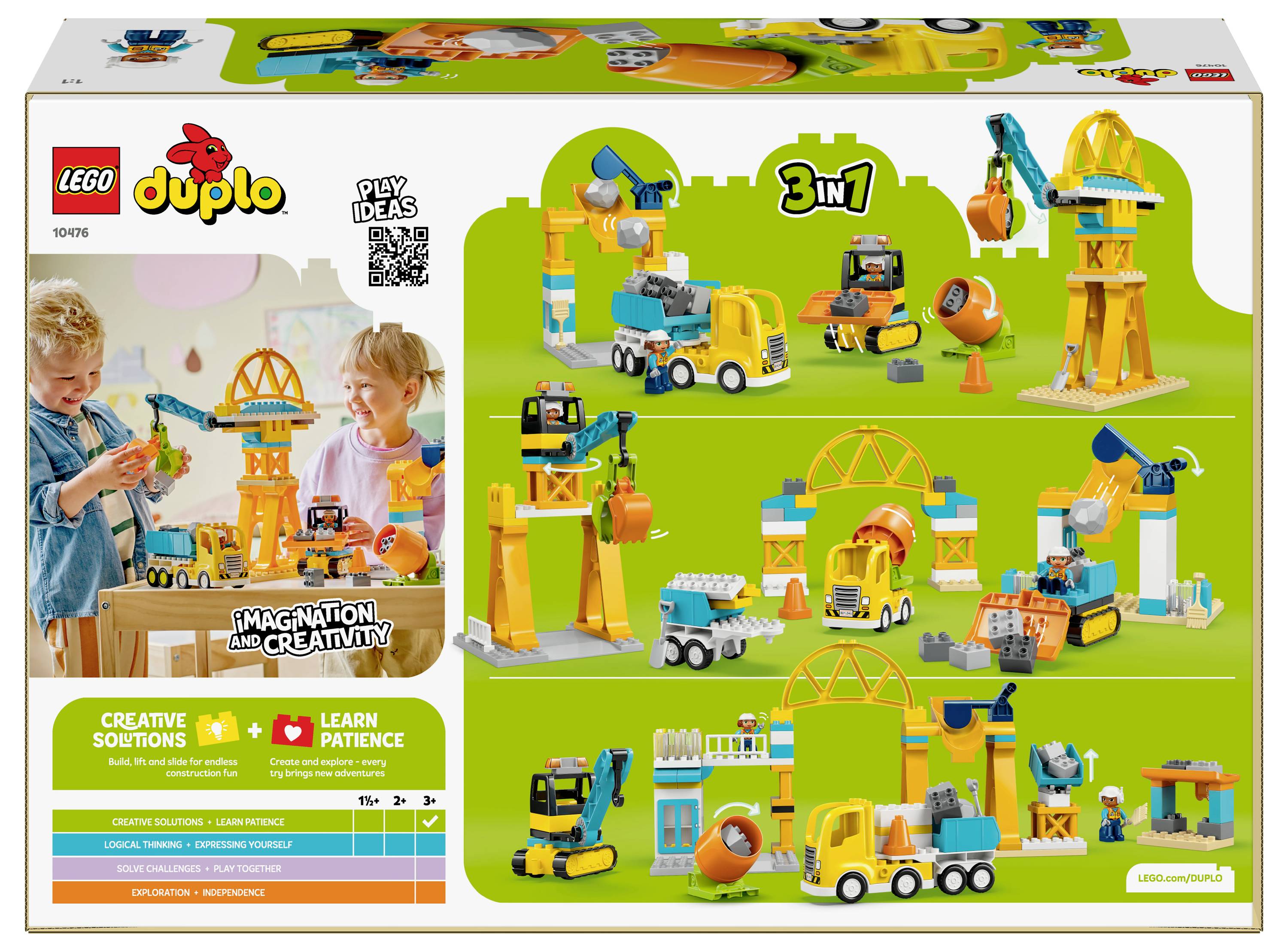 'Lego Duplo Construction Set' box showing multiple construction scenarios with vehicles and cranes for imaginative play and creativity.