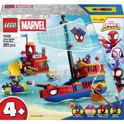 'Lego Marvel 11208 Team Spidey Pirate Ship' box featuring Spidey, Ghost-Spider, and Green Goblin minifigures with a colorful pirate ship.