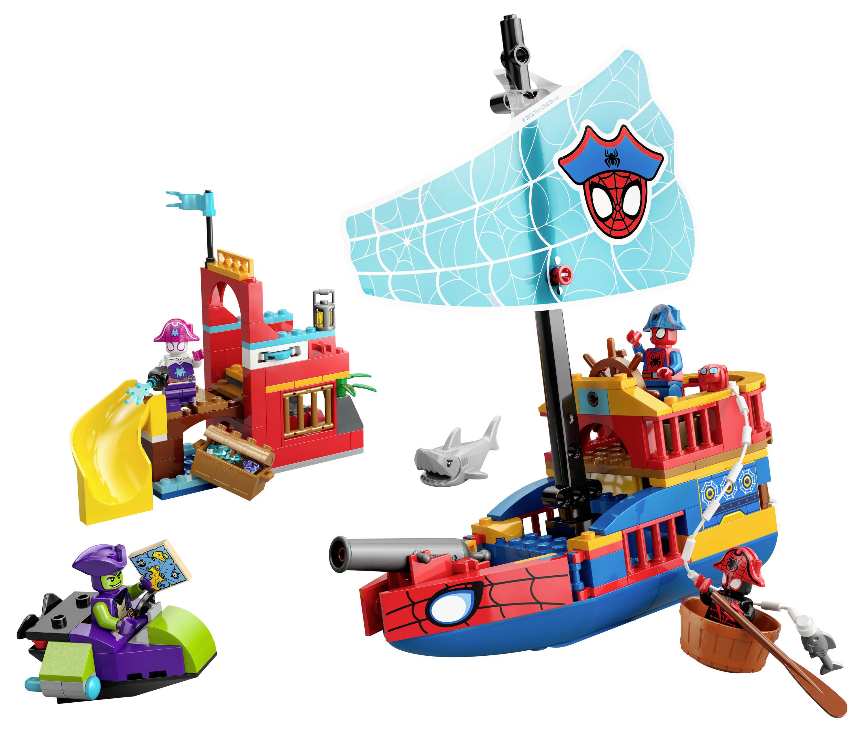 A colorful toy pirate ship set with a sail featuring a spider emblem, part of a themed playset including a slide and small boat.