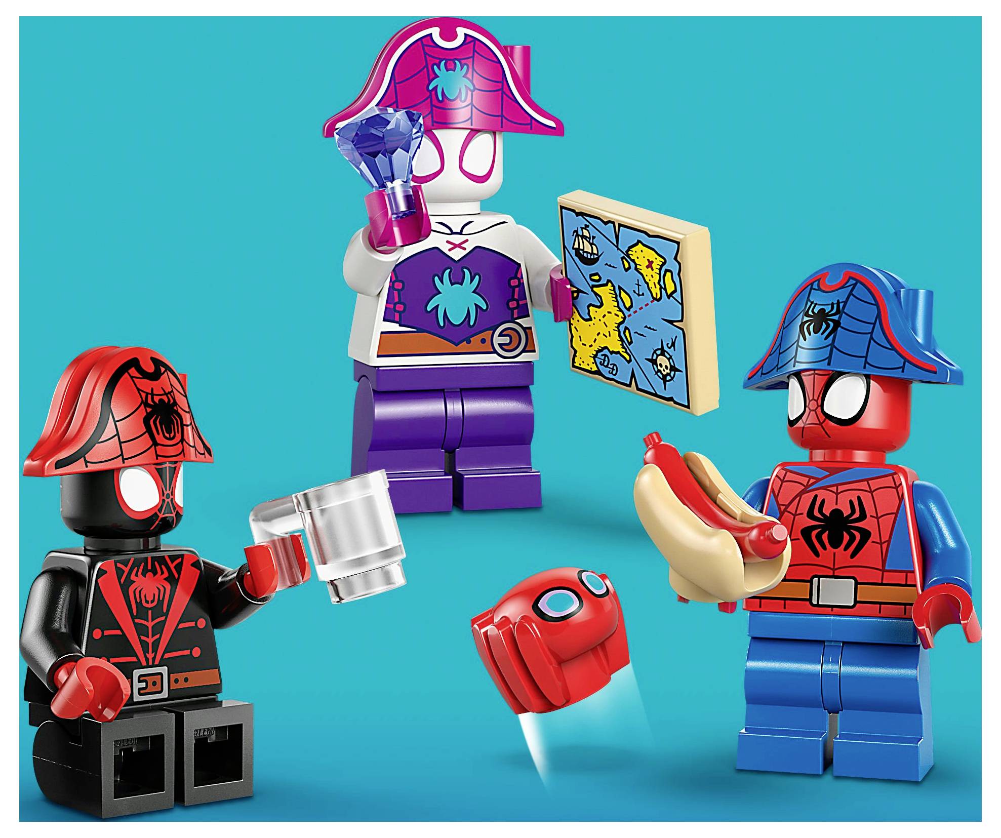 Three pirate-themed action figures with spider motifs; one holds a goblet and map, another a hotdog, and the third a mug with a floating helmet nearby.