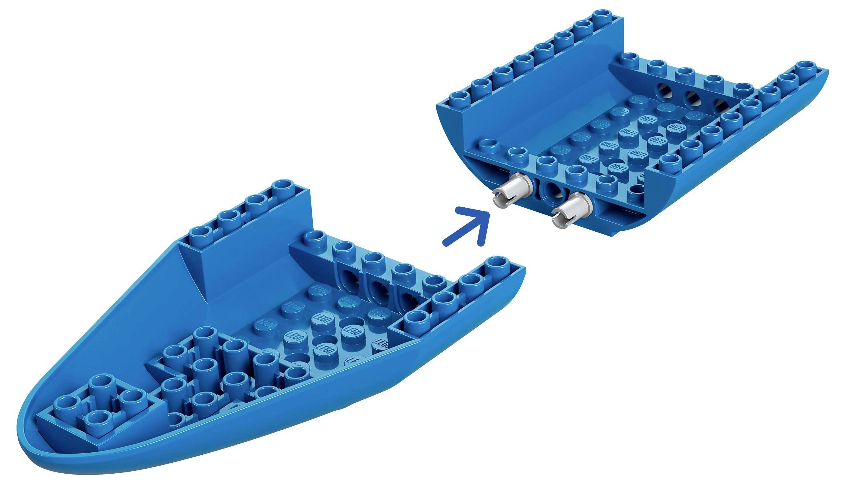 Two blue interlocking plastic construction pieces, one with two protruding ends, are aligned to connect, indicated by a blue arrow.