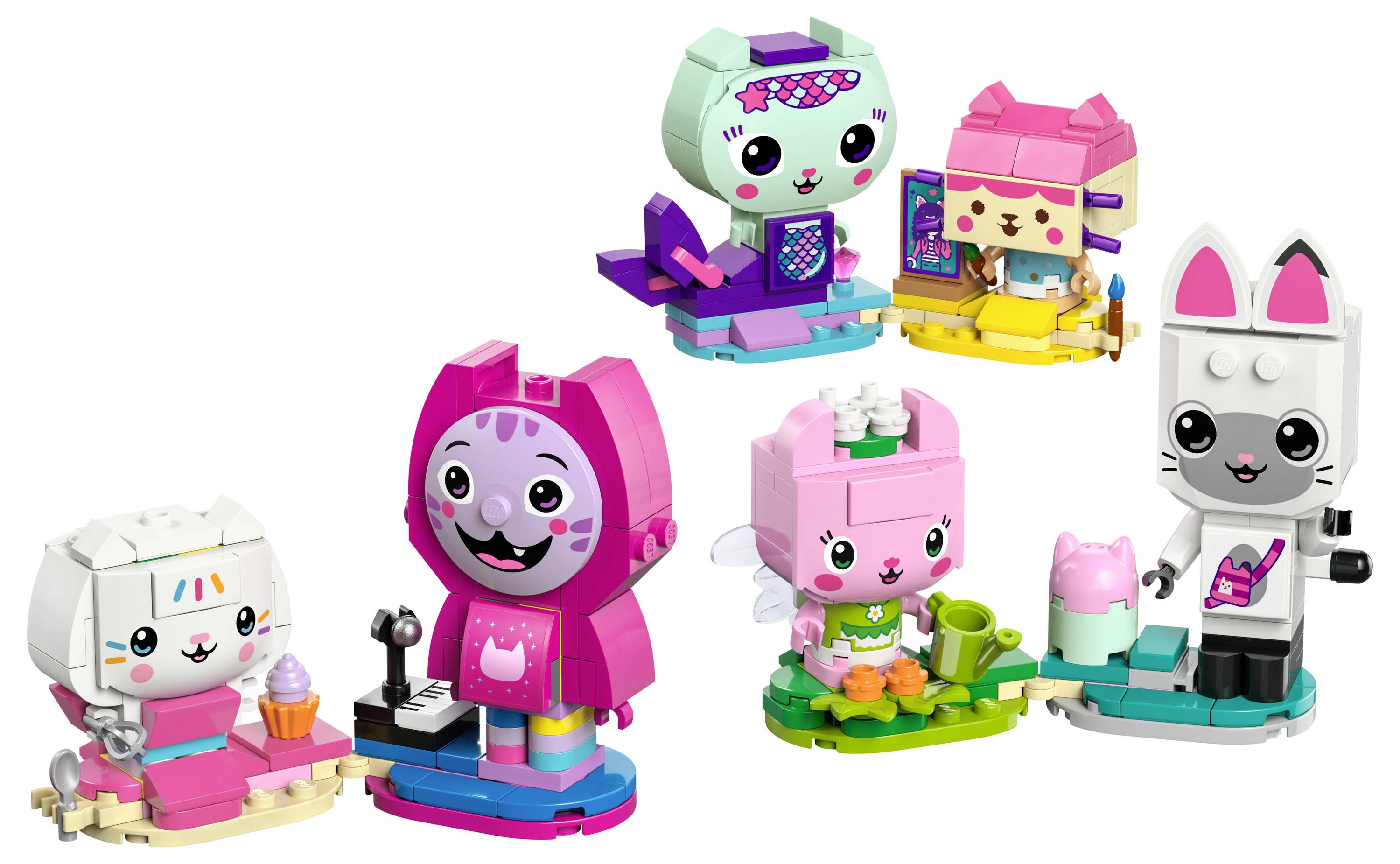 Toy figurines in pastel colors, resembling animals and characters, posed with small accessories and connected platforms.