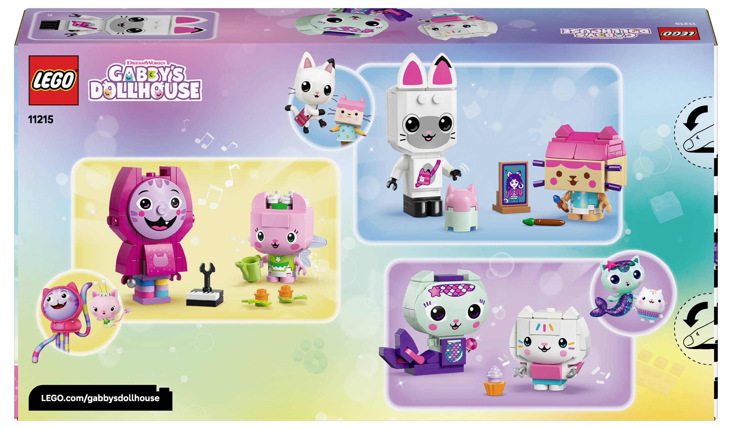 'LEGO Gabby's Dollhouse set 11215 features cartoon cat figures, colorful accessories, and play scenes on a gradient background.'