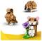 Lego models of a pigeon, a hedgehog, and a hamster holding a purple flower. Each animal is built with brown and tan bricks.