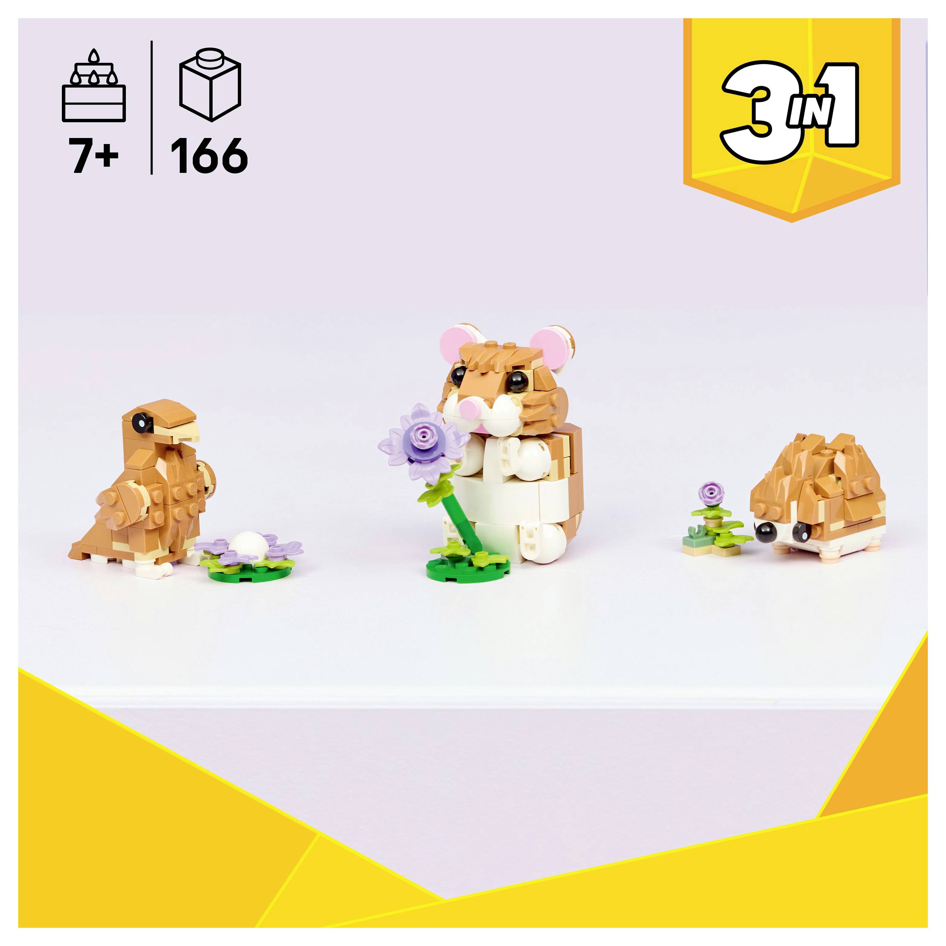 'LEGO Creator 3 in 1 set for ages 7+ with 166 pieces. Includes a hamster with flower, a hedgehog, and an additional animal build.'