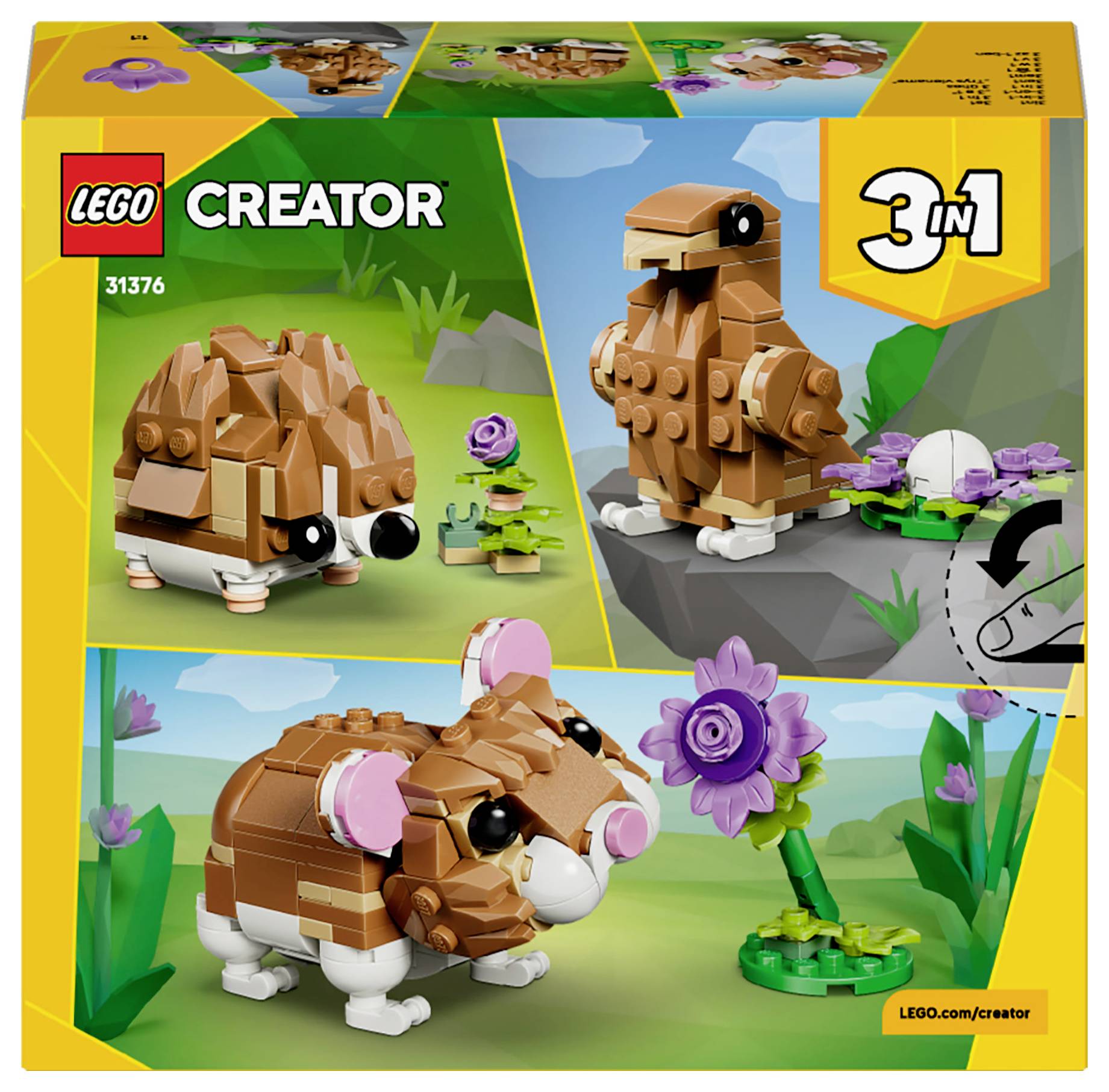 'Lego Creator 3-in-1 set 31376 features builds of a rabbit, a koala, and a bear. Includes a flower and egg accessory.'