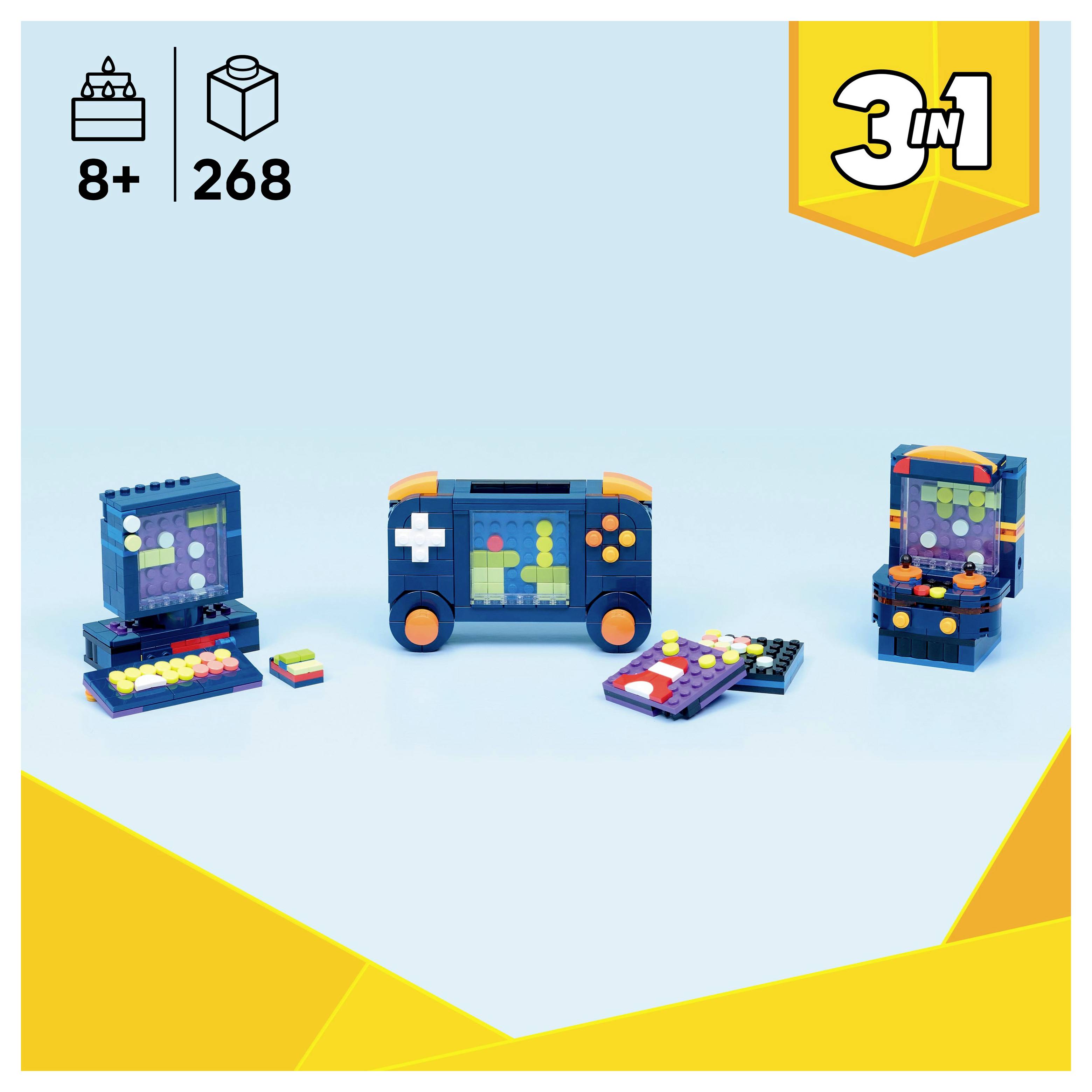 Lego set for ages 8+ featuring three builds: a retro gaming console, a keyboard with music pads, and a mini arcade machine.