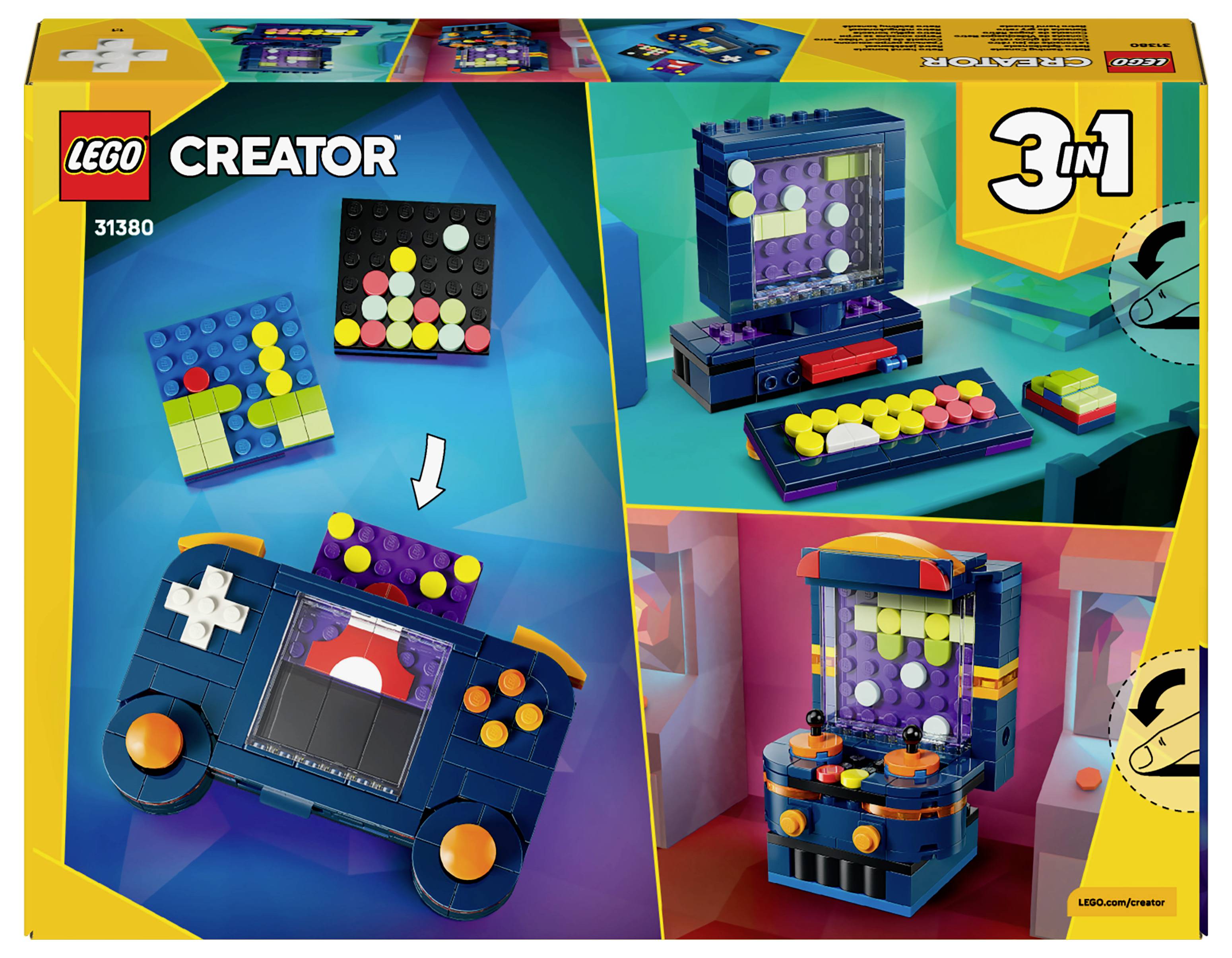 The image shows a LEGO Creator 3-in-1 set, featuring designs for a retro game console, arcade machine, and keyboard.