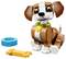 A Lego-style toy dog model with a green collar, sitting beside a blue bowl and a yellow toy bone on a white background.
