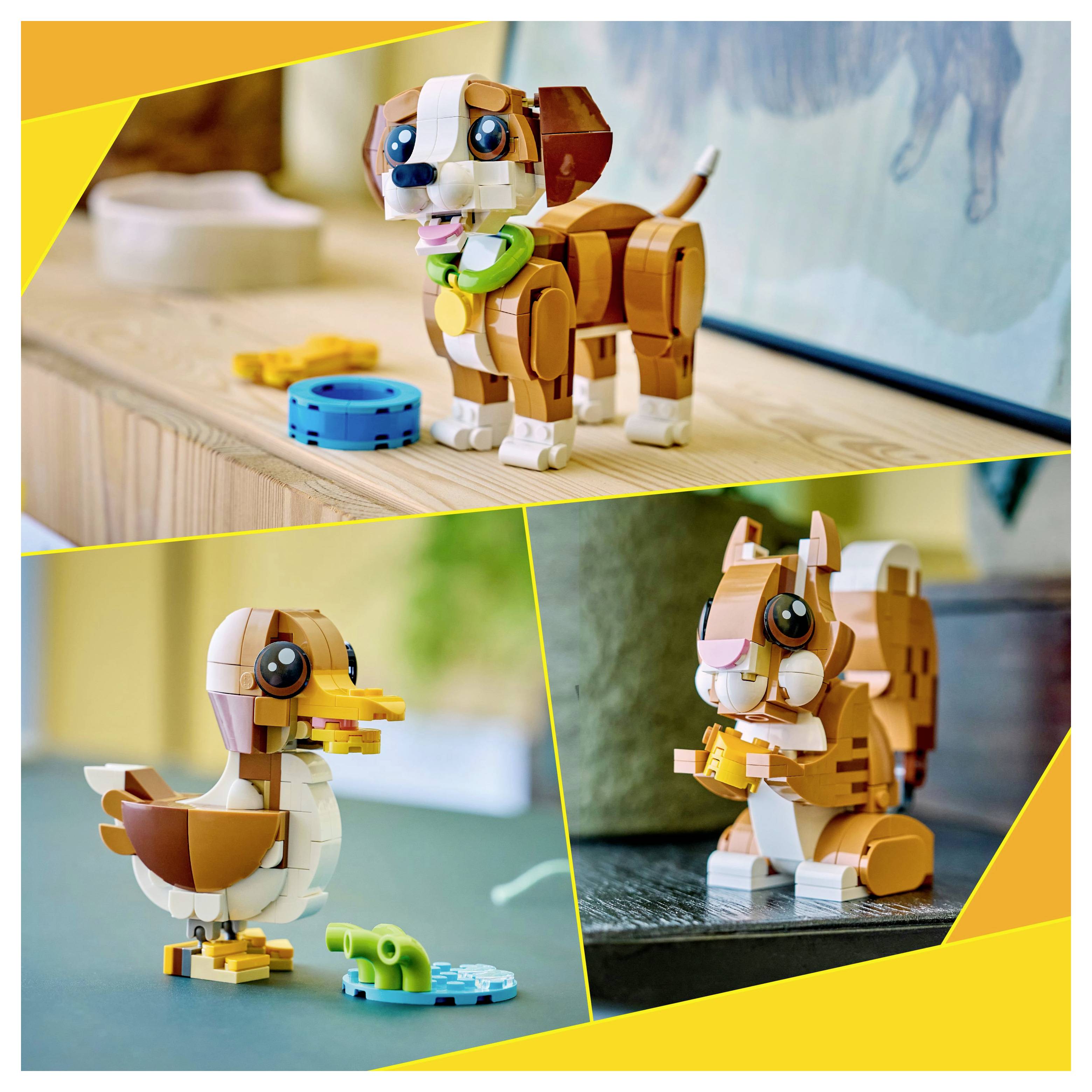 'A set of three toy animals made from building blocks: a small brown and white dog with a green bone, a duck, and a sitting squirrel.'