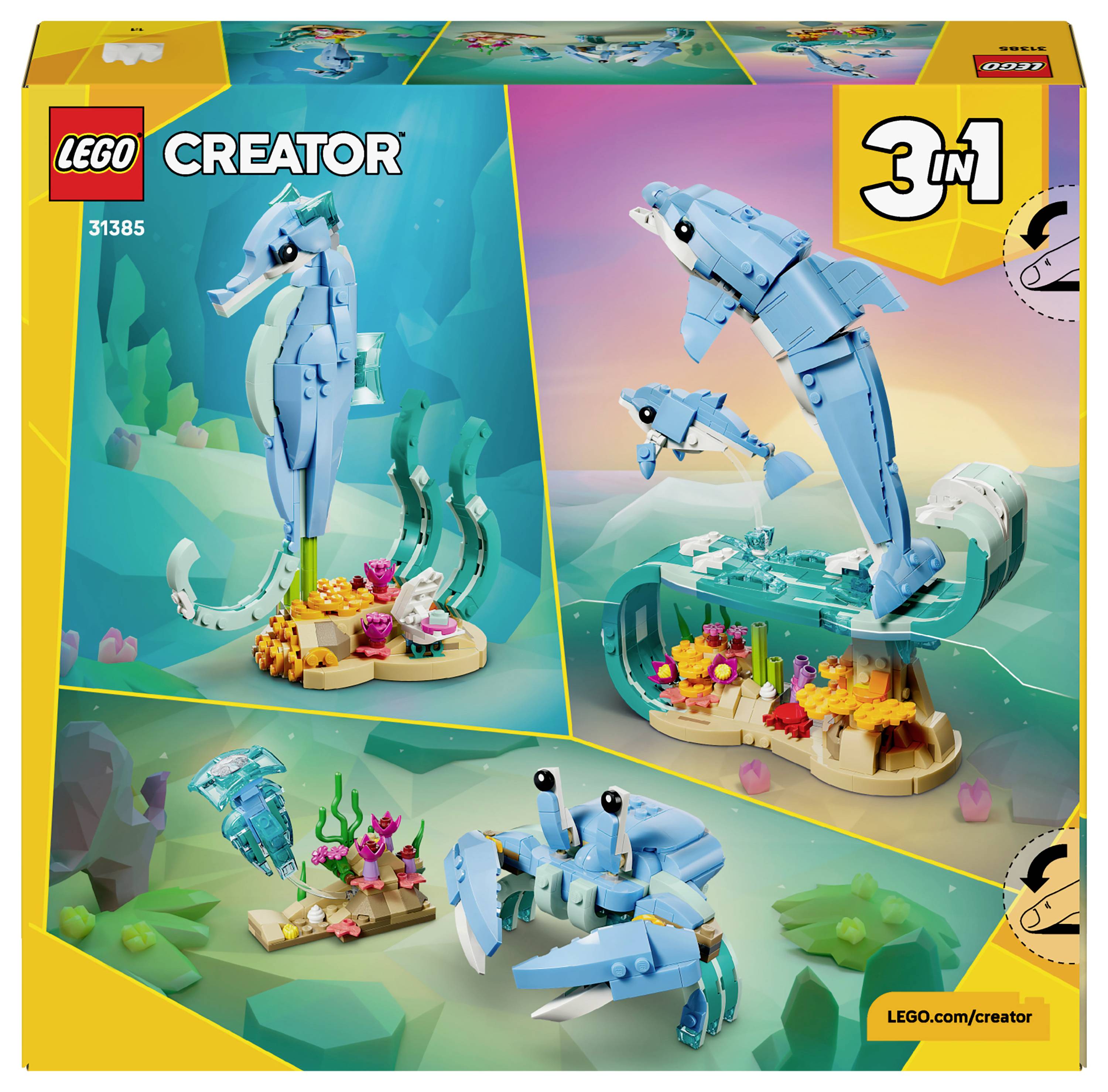 LEGO Creator 3-in-1 set box showcasing three build options: a shark, a fish with crab, and an underwater scene with colorful corals.