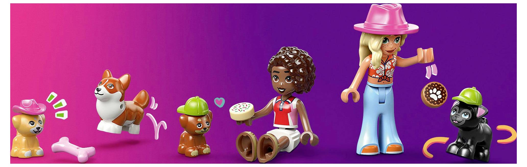 Colorful toy figures: A dog with a bone, two small pets with hats, and two female figures, one seated holding a dish, the other standing with a donut.