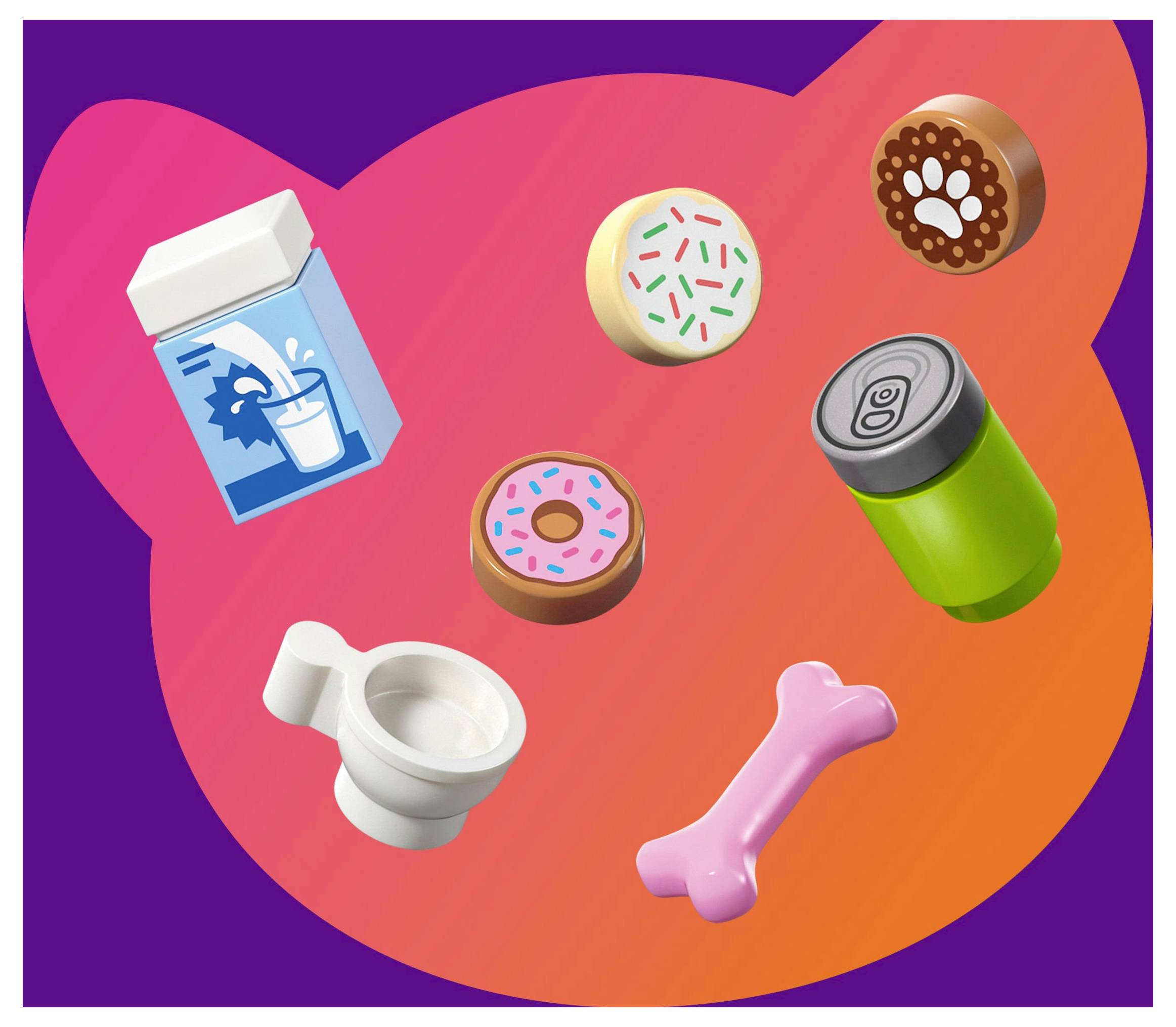 The image shows seven colorful toy items: a milk carton, two donuts, a paw print biscuit, a drink can, a toilet, and a pink bone.