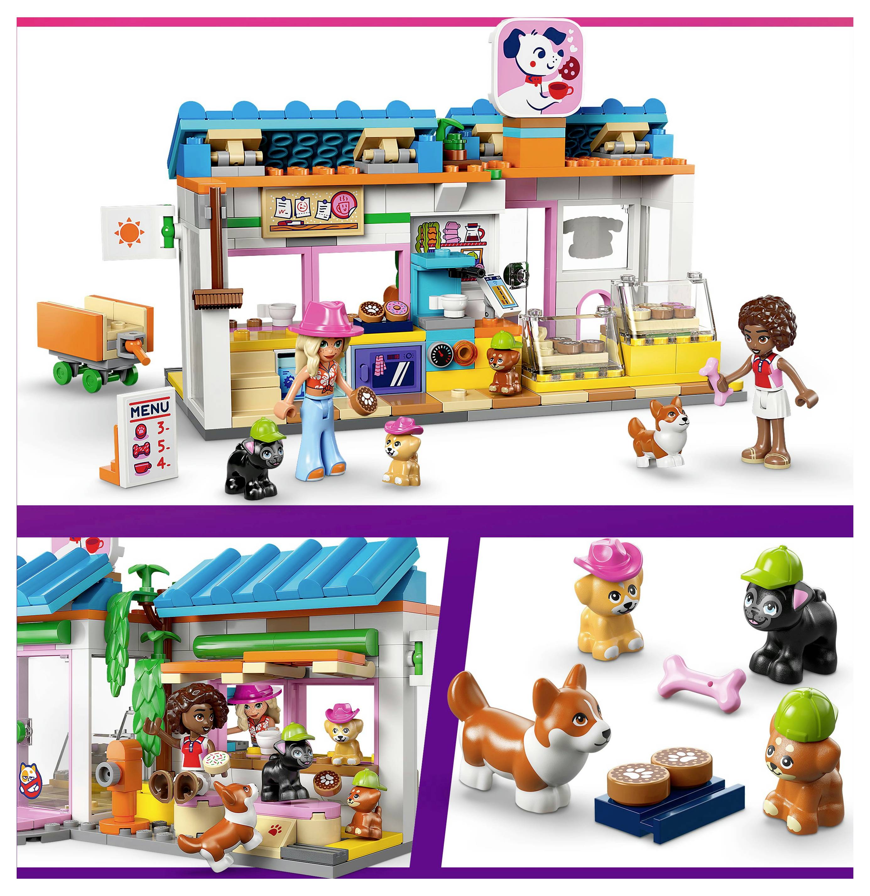 A colorful toy set depicting a pet shop with figures, animals, and accessories. Small pets, food bowls, and a menu are included.