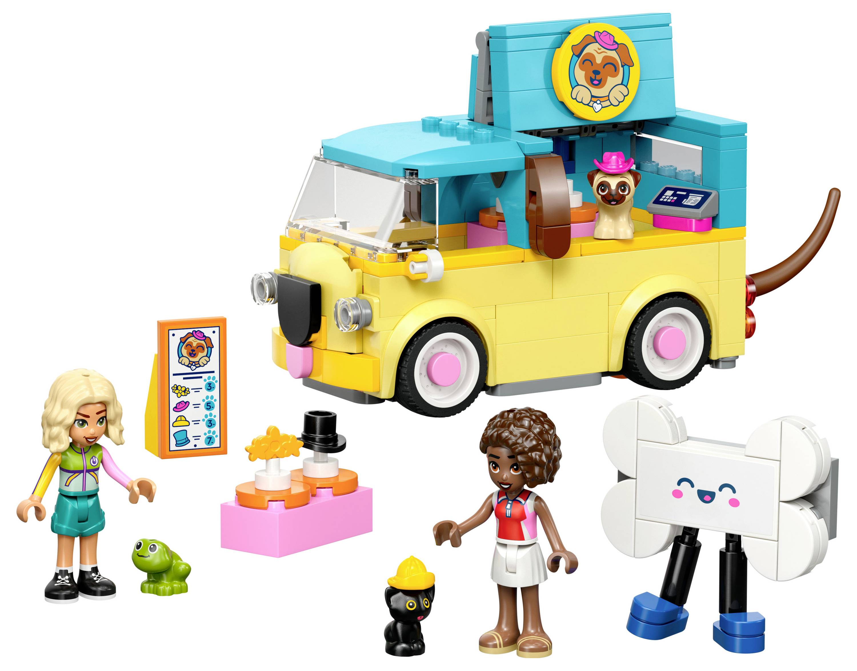 A colorful LEGO playset featuring a toy ice cream truck with animal-themed accessories, two mini-figures, a frog, a cat, and a playful robot.