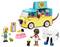 A colorful LEGO playset featuring a toy ice cream truck with animal-themed accessories, two mini-figures, a frog, a cat, and a playful robot.