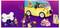 A colorful toy set featuring a dog grooming van, two figurines, a camera, a dog, a cat, and grooming tools on a purple background.
