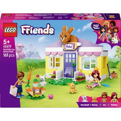 'Lego Friends set 42679: Heartlake City Bunny Hotel, for ages 5+, 161 pieces. Includes buildable hotel, characters, bunnies, and accessories.'