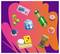A colorful illustration featuring various playful items: a bubble gum pack, green bottle, cherries, milk carton, cookie, berry, cheese, and strawberry on a vibrant pink-purple background.